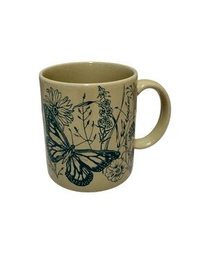 Vintage Made in Japan Beige Ceramic Mug with Dark Blue Butterfly Design